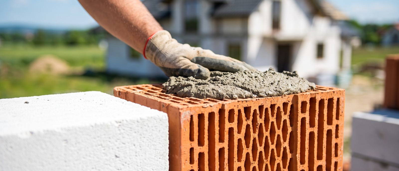 Pustak ceramiczny i biały bloczek silikatowy na budowie - nakładanie zaprawy